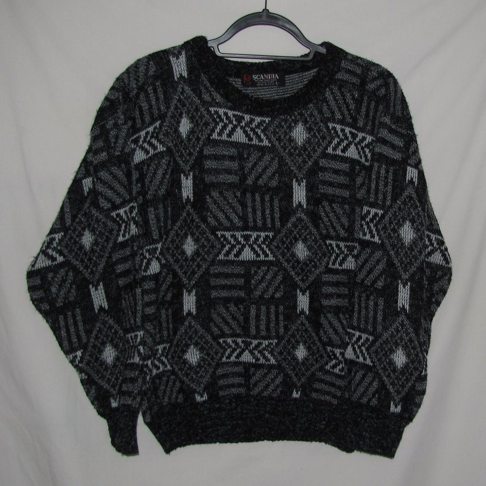 Mens' Scandia Black White Geometric Abstract Hip Hop Sweater Made in USA w/ Flaw